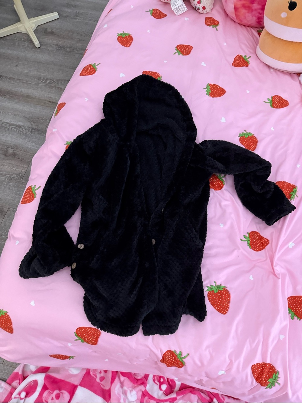 Black fuzzy hooded jacket with button detail, size L